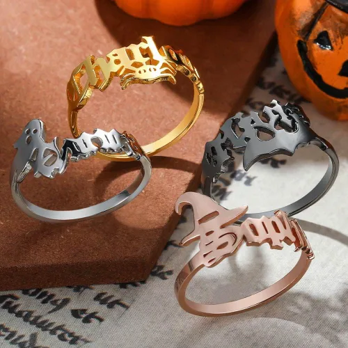 Vista 3 de AILIN Anillos personalizados con nombre para mujer, anillos de Halloween personalizados con nombre de murciélagocalabazafantasmasombrero