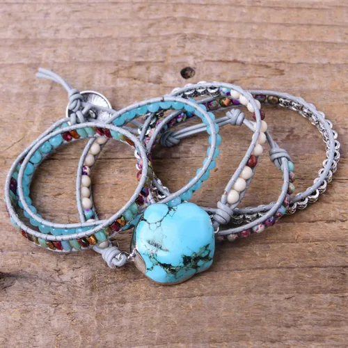 Vista 2 de Ygline Pulsera bohemia hecha a mano, con piedra de cristal, envolvente, de cuero, para mujer