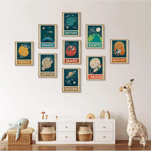 Vista 3 de 9 piezas de arte de pared retro del sistema solar para cuarto de niños, imágenes espaciales retroespaciales, galaxia, decoración de pared, pinturas