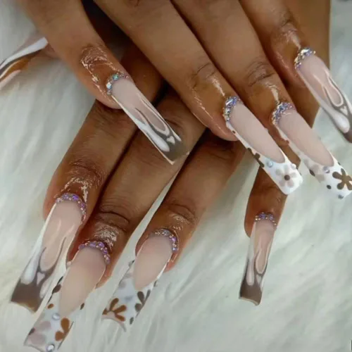 Vista 4 de Uñas postizas a presión medianas con forma de almendra, uñas falsas con puntas francesas y diseño de línea dorada, 24 piezas, uñas adhesivas
