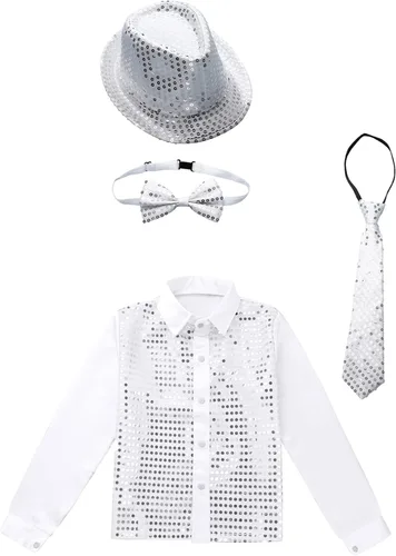 Vista 3 de YiZYiF Camisa de manga larga con botones y lentejuelas para niños, camisa y sombrero, corbata de lazo, hip hop, jazz, baile, discoteca, disfraz
