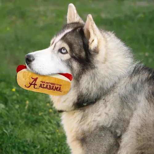 Vista 4 de NCAA Alabama Crimson Tide HOT Dog - Juguete de peluche para perros y gatos, juguete de peluche para perros y gatos con chirriador interior y hermoso