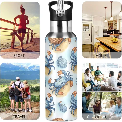 Vista 5 de Stainless Steel Vacuum Insulated Water Bottle 20 Oz, Leakproof Water Bottles for Gym Outdoor Travel School, Cute Blue Crabs Cartoon