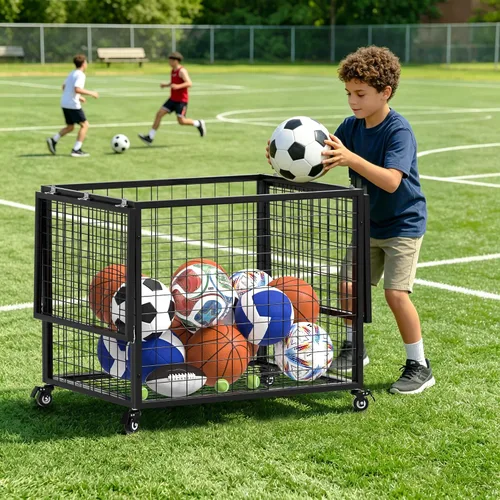 Vista 8 de rehomerance Ball Cart Garage Sports Equipment Basketball Organizer with Lockable Lid, Basketball Storage Bin for Indoor Outdoor, Rolling Exercise