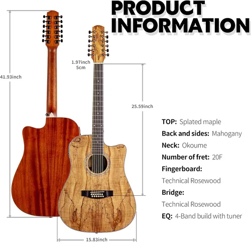 Vista 7 de TARIO 12 Cuerdas Acústica Eléctrica Cutaway Guitarra Spalted Maple Top Caoba Back & sides Okoume Neck