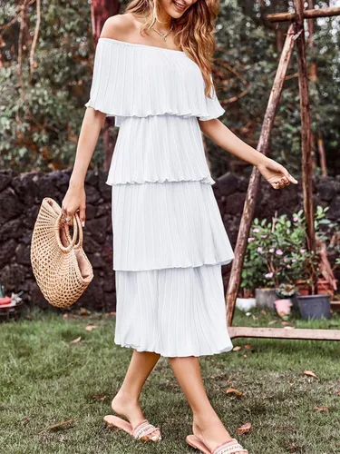 Vista 4 de Wenrine Vestido de verano para mujer, con hombros descubiertos, escalonados, largo, con volantes, en capas, elegante, vestido de graduación