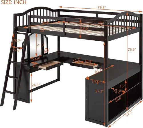 Vista 2 de Cama loft de madera tamaño matrimonial con escritorio en forma de U y espejo de tres pliegues, base de cama tipo loft multifunción con Espresso-10.16