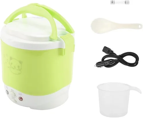 Vista 6 de 1L Mini olla arrocera 12V fiambrera eléctrica – Vaporizador de alimentos multifuncional portátil de viaje para coche, camping (verde)