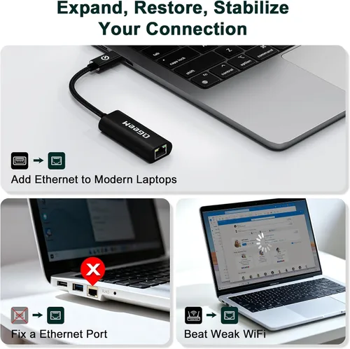 Vista 2 de QGeeM Adaptador USB C a Ethernet, adaptador de red LAN Gigabit RJ45 de 1000 Mbps, compatible con Thunderbolt 4/3, funda de aluminio de nailon