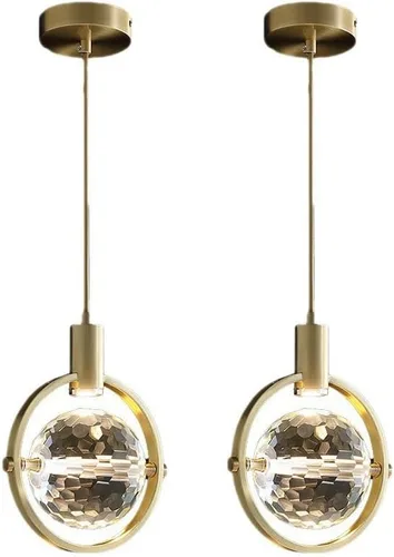 Vista 5 de 2 Pack Pendant Lights, Mid Century Globe Crystal Ceiling Hanging Lighting with Metal Decoration, Adjustable Height Neutral Light Chandelier for