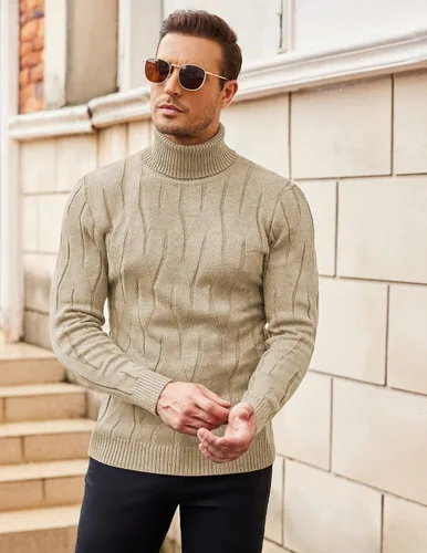 Vista 2 de COOFANDY Suéter de cuello alto para hombre, suéter de punto casual
