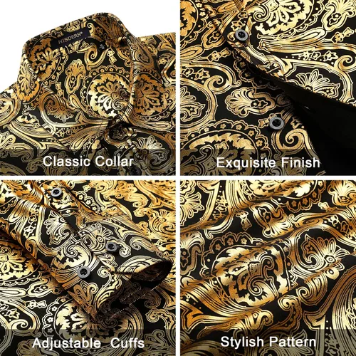 Vista 2 de HISDERN Camisas de vestir de satén brillante para hombre, de lujo, floral, jacquard, de manga larga, a la moda, para bodas, fiestas, bailes