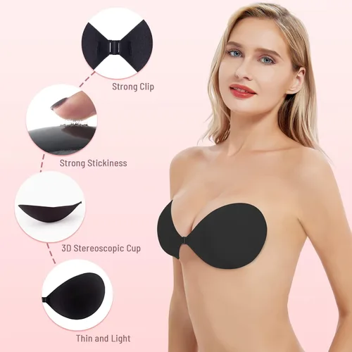Vista 2 de Chicpre Adhesive Invisible Bra Strapless Push Up Bra Backless Silicone Sticky Bra for Women with Nipple Covers
