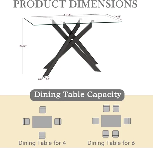 Vista 3 de SSLine Mesa de comedor moderna de cristal, rectangular de 51 pulgadas, color negro con patas de metal diseñadas en X para cocina y comedor