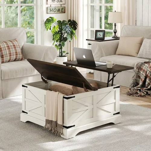 Vista 14 de Furnideco - Mesa de centro de granja con superficie elevable, mesa central cuadrada de madera con gran compartimento de almacenamiento oculto