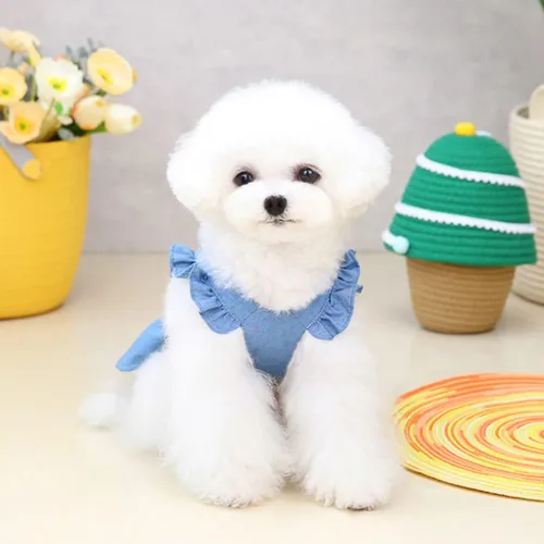Vista 4 de Vestido para perro, falda de lujo, ropa de princesa, vestidos de boda, noche, falda tutú, falda de mezclilla para perro pequeño, niña, azul claro, XS