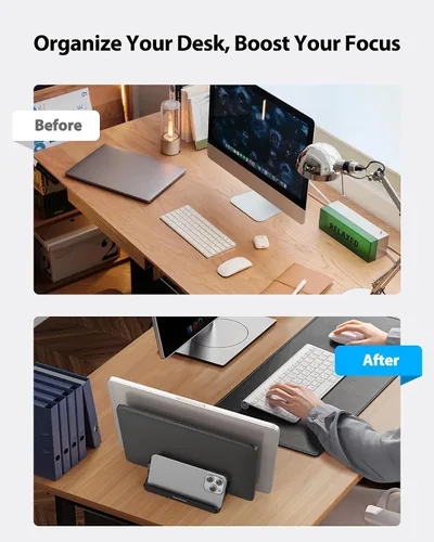 Vista 5 de Soporte vertical para portátil AboveTEK, soporte de escritorio de aluminio con 3 ranuras y base ajustable para tableta, MacBook, teléfono - Ajuste