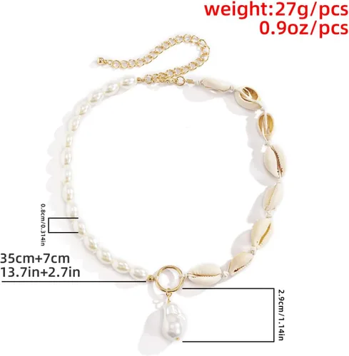 Vista 7 de Collar con colgante de perlas barrocas de oro, gargantilla de perlas ovaladas con cuentas de concha de mar, cadena en capas, collar de perlas