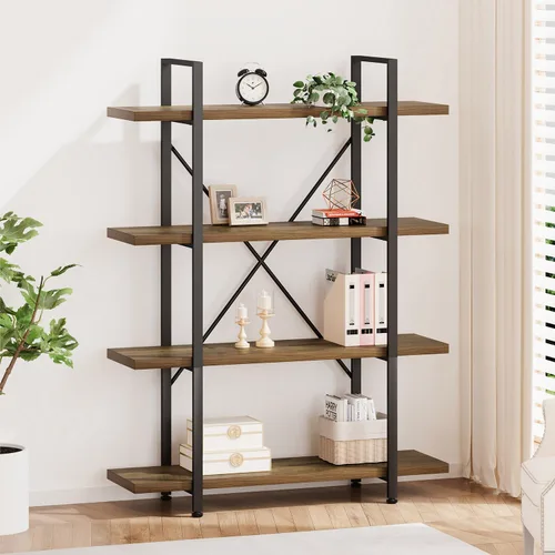 Vista 24 de HSH - Estantería de 3 niveles en negro, estanterías de almacenamiento pequeñas de metal y madera industriales, estanterías modernas abiertas de 3