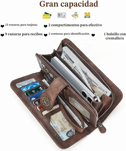 Vista 6 de BOSTANTEN - Cartera de cuero para mujer, bloqueo de identificación por radio frecuencia (RFID), cierre de cremallera alrededor, tarjetero, cartera