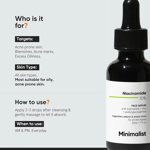 Vista 3 de Minimalist Suero de niacinamida al 10% para control del acné y equilibrio de aceite con zinc, minimizador de poros para la cara, elimina las marcas