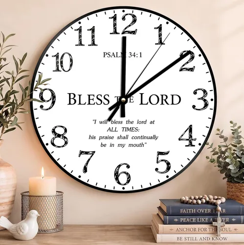 Vista 27 de Reloj de pared con versículo bíblico, con cita religiosa, reloj de madera, texto inspirador cristiano, reloj de madera rústico personalizado