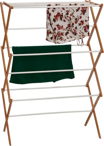 Vista 8 de Household Essentials Estante de secado de ropa plegable de bambú Acabado blanco, 11 tacos y estante de secado plano Ecológico estante plegable