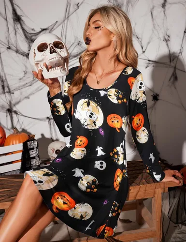 Vista 7 de JollieLovin Vestido de manga larga para mujer con bolsillos, talla grande, casual, holgado, camiseta
