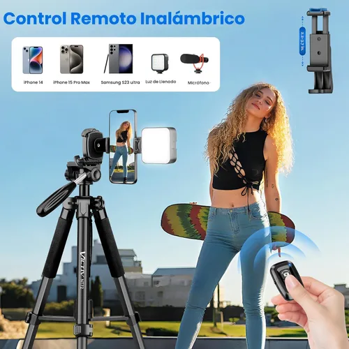 Vista 5 de Trípode para cámara y teléfono, trípode de cámara de 72 pulgadas de alto con control remoto, soporte de cámara compacto profesional resistente