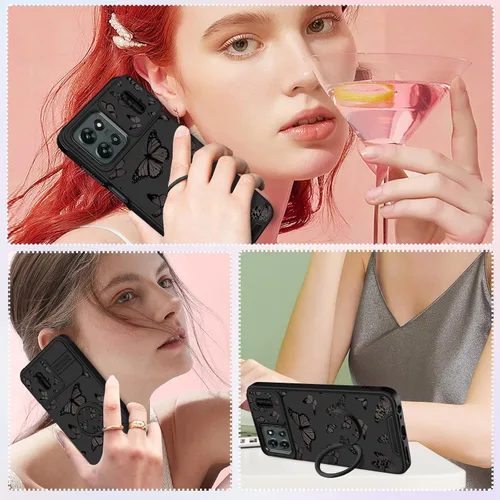 Vista 6 de Funermei - Funda para Moto G 5G 2025/2026/G Play 2026, soporte de anillo Negro (Butterfly)