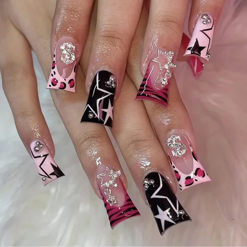 Vista 15 de 24 uñas postizas a presión de punta francesa negra, uñas postizas largas cuadradas, color rosa, cobertura completa, con diamantes de imitación, L1.