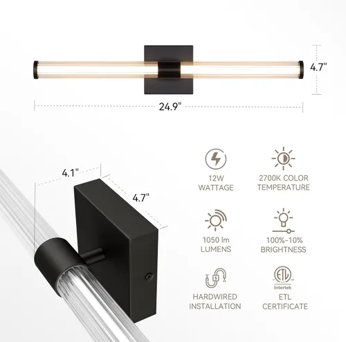 Vista 8 de Tubicen Luz de tocador lineal negra vertical LED luz de pared 360° iluminación completa 12W Horizontal baño tubo barra luz sobre espejo 25 pulgadas