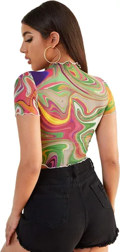 Vista 2 de Sweatyrocks - Blusa de manga corta de tela de malla transparente para mujer