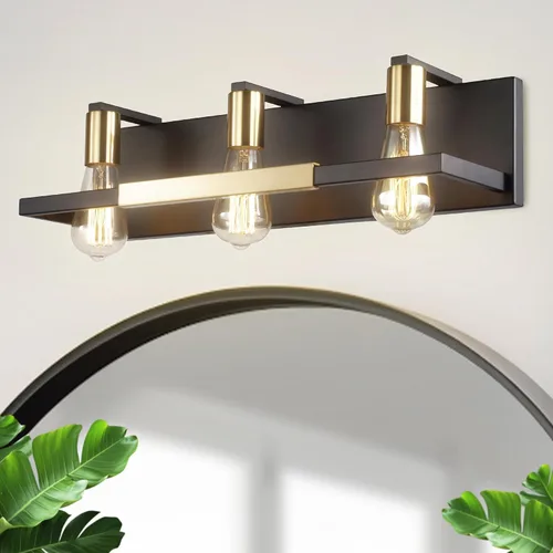 Vista 3 de Hamilyeah Lámparas de baño rústicas sobre espejo, luces de tocador negras y doradas mate para baño, 3 lámparas de pared vintage, iluminación