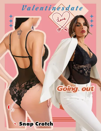 Vista 3 de Avidlove - Lencería de entrepierna a presión para mujer, body de encaje de una pieza, mini traje sexy.