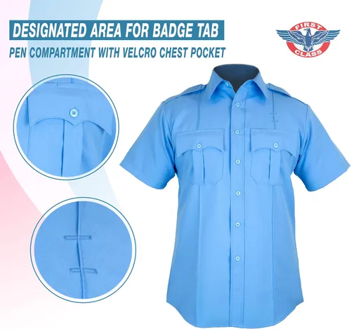 Vista 2 de First Class camisa celeste manga corta para uniforme 100 % de poliéster para hombre