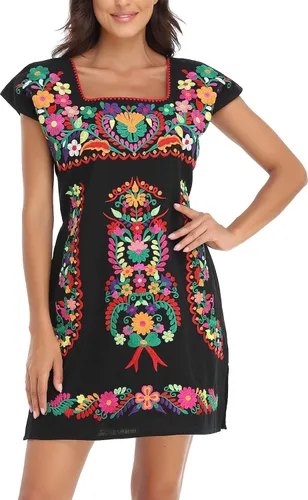 Vista 2 de YZXDORWJ Vestido bordado mexicano sin mangas con cuello de volantes para mujer