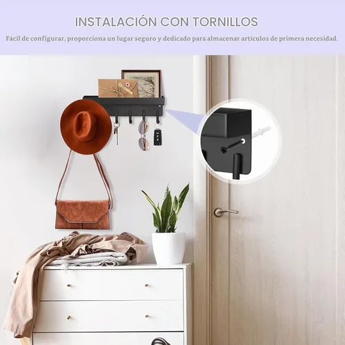 Vista 3 de VIS'V Soporte para llaves de pared, soporte adhesivo compacto para llaves con bandeja, 6 ganchos, 2 opciones de montaje, negro