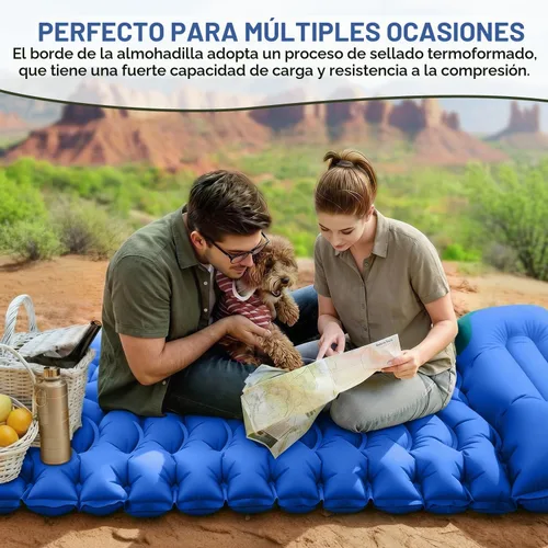 Vista 7 de FUN PAC Almohadilla de dormir para acampar con almohada Bomba de pie incorporada Esterilla de dormir inflable compacta para acampar mochilero Azul