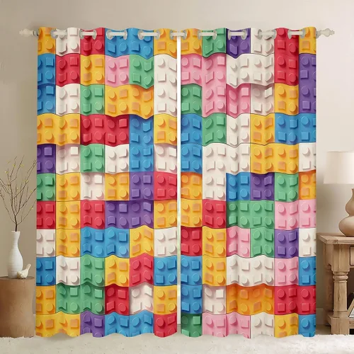 Vista 7 de Feelyou Cortinas de ventana de bloque de construcción para dormitorio, 38 pulgadas de ancho x 45 pulgadas de largo, 2 paneles de estilo ladrillo