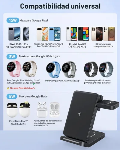 Vista 2 de Cargador Inalámbrico Plegable para Google Pixel Watch 3/2, Estación de Carga Rápida 3 en 1 con Soporte para Pixel 10 Pro XL/10 Pro/9/8/7