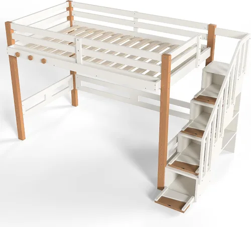 Vista 9 de Cama tipo loft de madera tamaño individual con escaleras, gancho para ropa Beige Natural