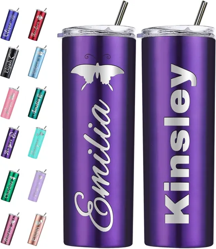 Vista 17 de Vaso personalizado personalizado con nombre grabado y logotipo, vasos delgados personalizados con tapa y pajita, vaso aislado de acero inoxidable