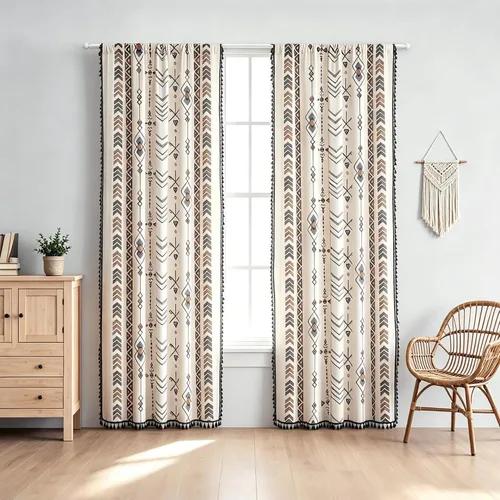 Vista 6 de Coral Fish Cenefa bohemia para ventana de cocina, cortinas geométricas para baño con patrones étnicos negros y flecos de macramé, cortina pequeña