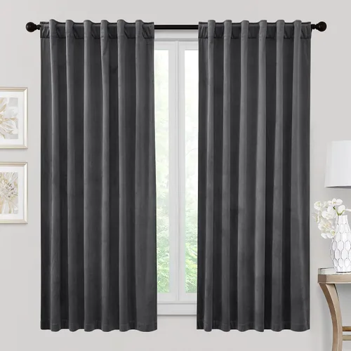 Vista 41 de RYB HOME Cortinas 100% opacas de terciopelo blanco para dormitorio, pestaña trasera y bolsillo para barra, aislamiento térmico, cortinas