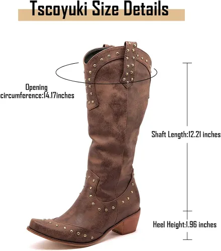 Vista 4 de Tscoyuki Botas de media pantorrilla para mujer, con tachuelas, puntera puntiaguda, tacón grueso, vaquera, desgastadas
