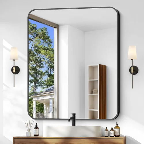 Vista 14 de Espejo de baño negro, espejos cuadrados de 18 x 18 pulgadas para pared, marco de metal, espejo de tocador de esquina redondeada para sobre
