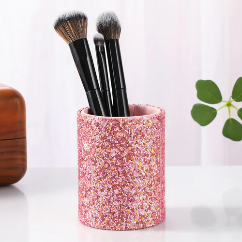 Vista 9 de Soporte para brochas de maquillaje, organizador de maquillaje, taza de encimera, cilindro moteado negro para pinceles y herramientas, ayuda a