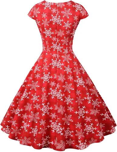 Vista 3 de ZEFOTIM Vestidos de Navidad para mujer, manga cortacapa, cuello en V, volantes, lindo, elegante, muñeco de nieve, reno, vestido de Navidad LY180