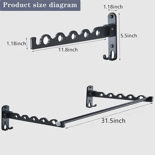 Vista 3 de Tendedero de secado de ropa montado en la pared para organización y almacenamiento de ropa de lavandería, estante de aluminio para secadora con dos